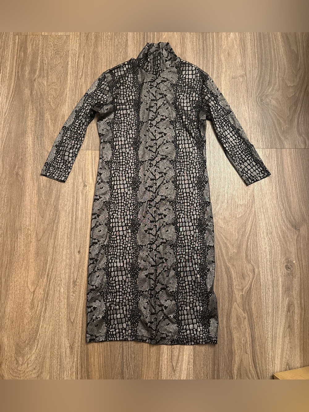 Y2K Petit Pois by Vivienne G black & gray metallic mesh snakeskin print dress.